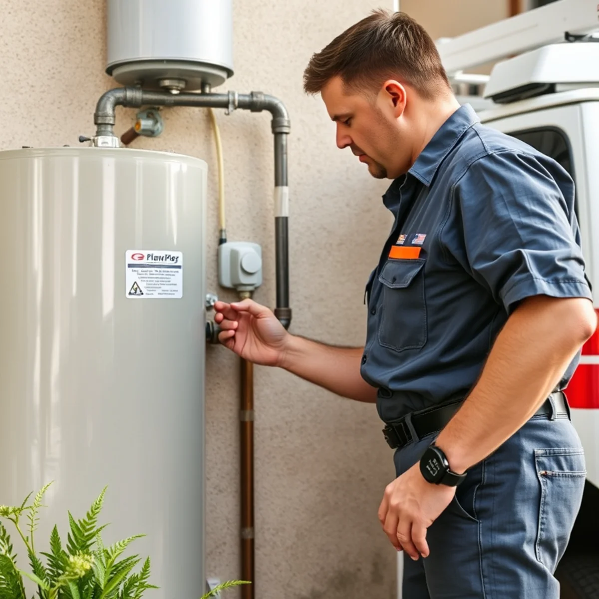 Homeowner checking a water heater and shutoff valve during annual plumbing maintenance in Bellaire, TX