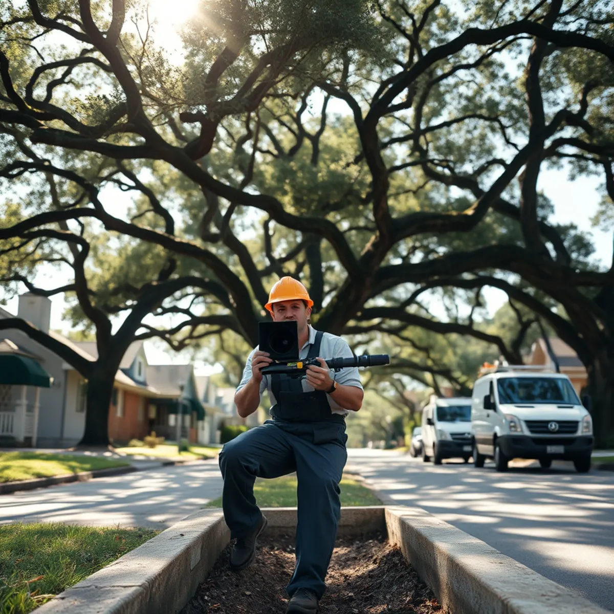 Plumber running a sewer camera under an oak-canopied Bellaire Oaks home
