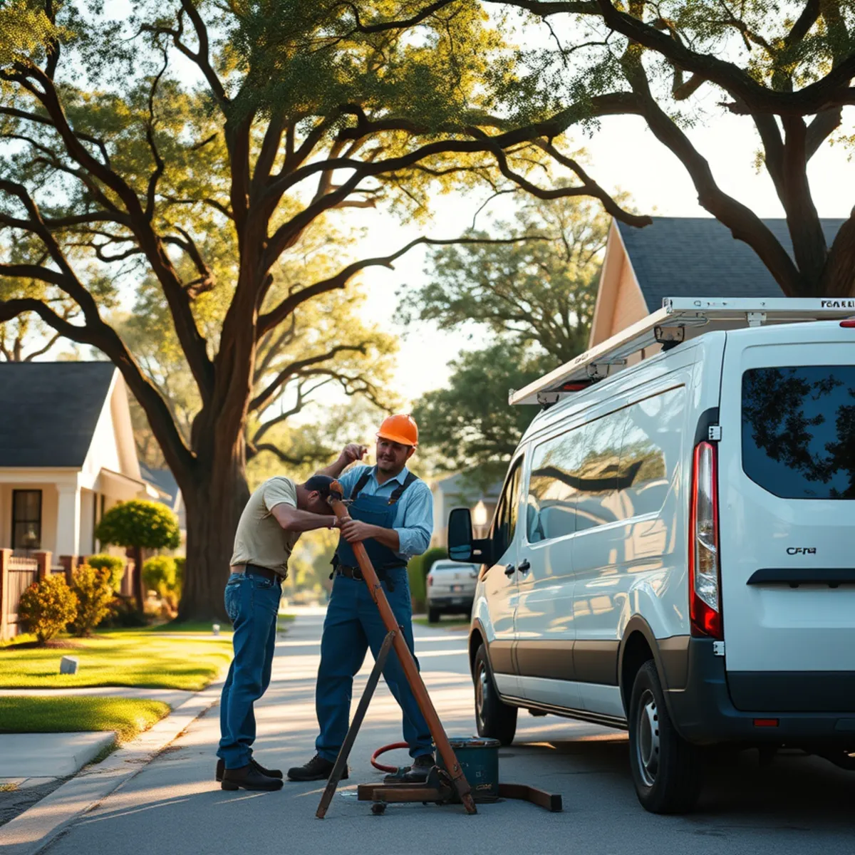 Plumber servicing a 1950s home along Brays Bayou in Braeswood, Houston