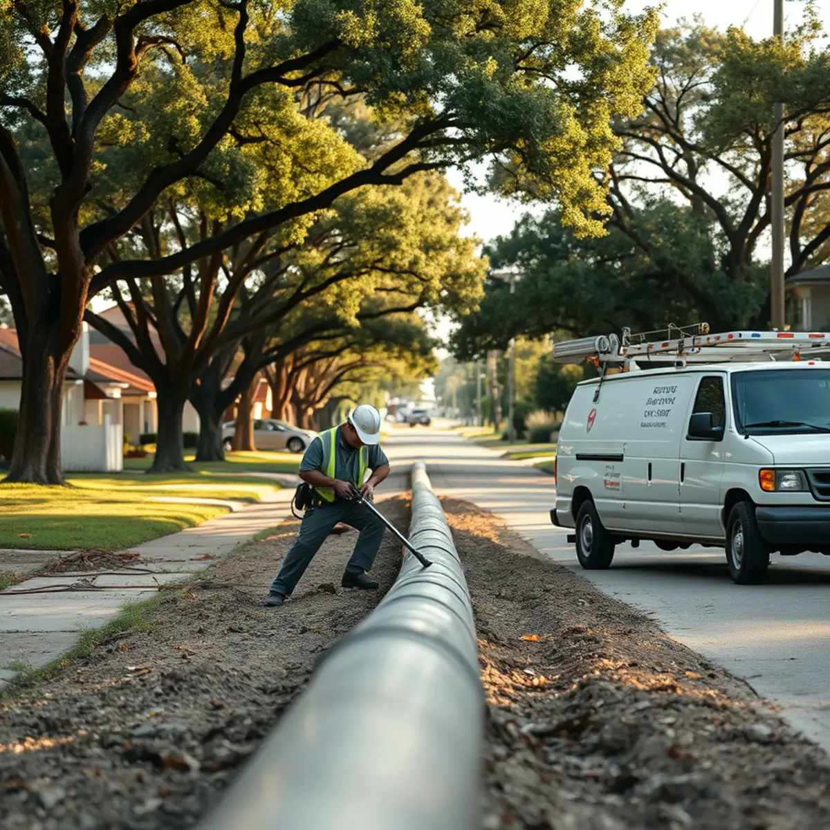 Plumber locating a long sewer lateral on a deep Broad Acres lot