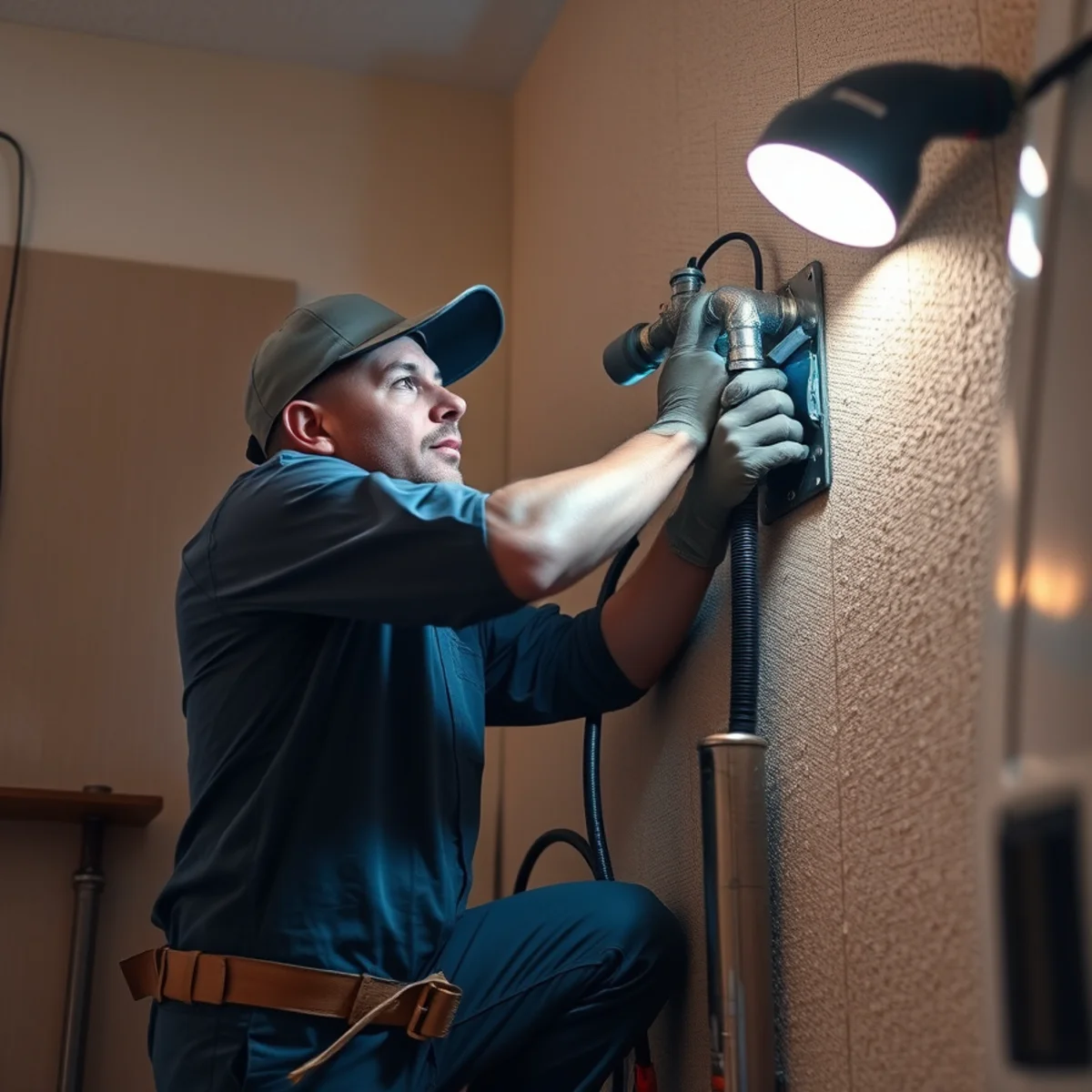 Plumber repairing a burst water pipe in a Bellaire, TX wall