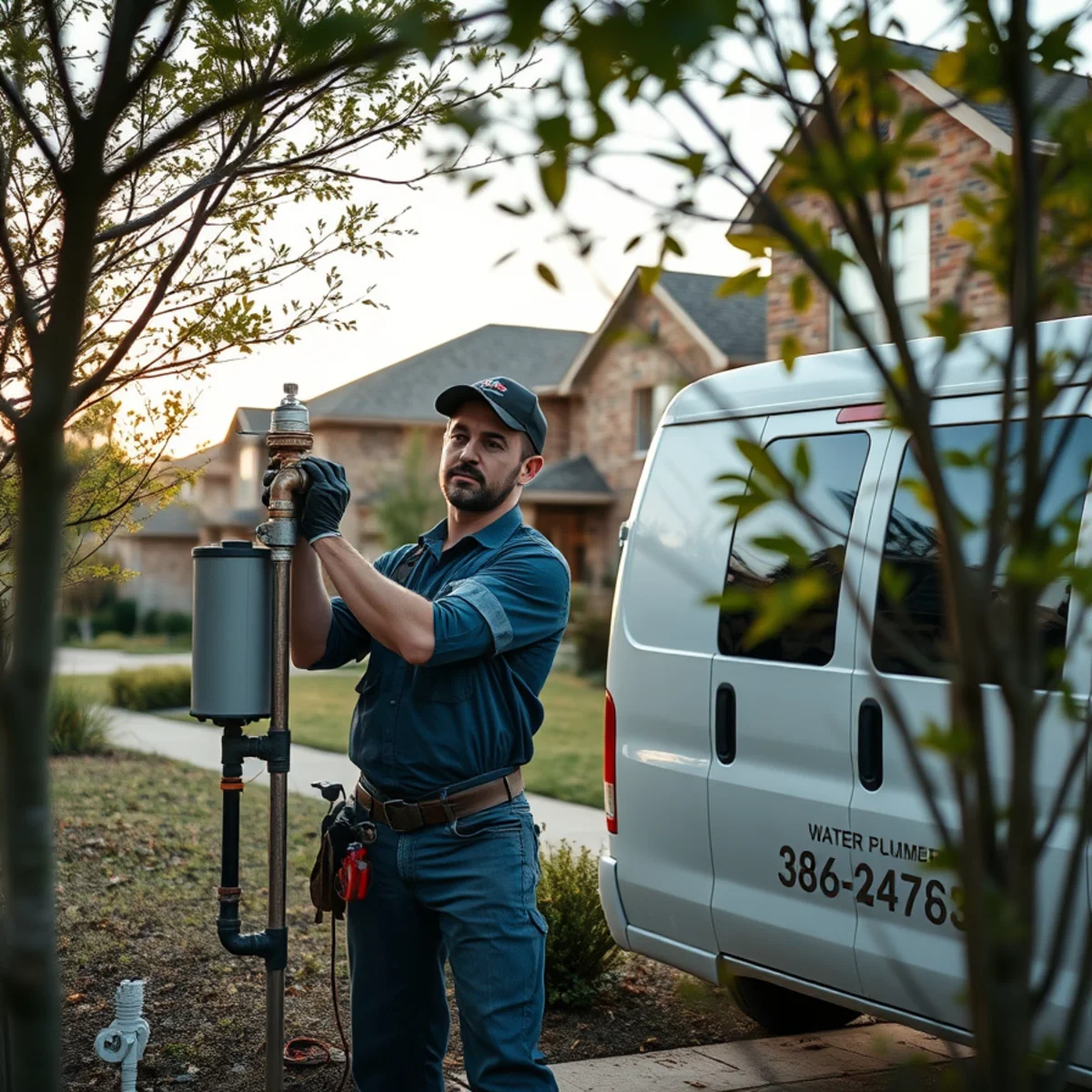 Plumber installing a water softener in a Cinco Ranch, TX home