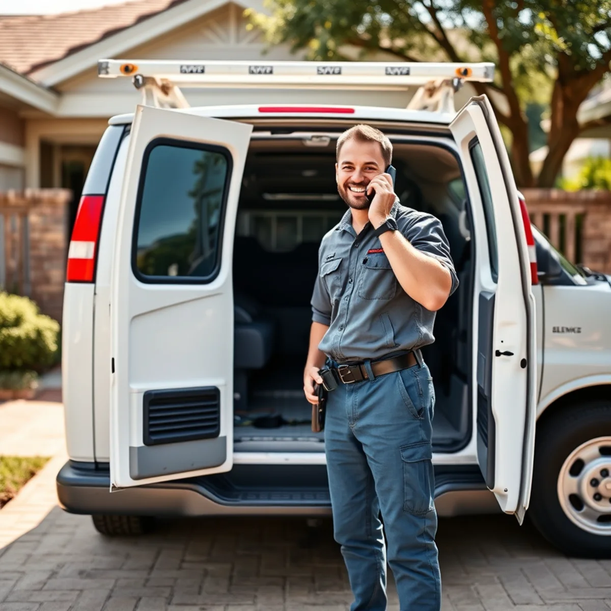 Friendly Plumber Bellaire TX technician answering a call by the branded service van
