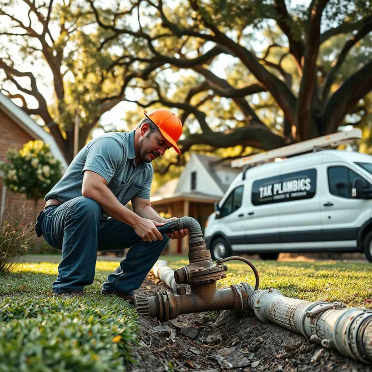 Plumber inspecting a cast iron sewer line at a post-war home in Deer Park, TX