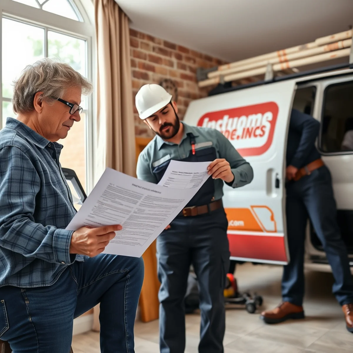 Homeowner reviewing an insurance policy document beside a plumber inspecting a slab leak in a Texas home