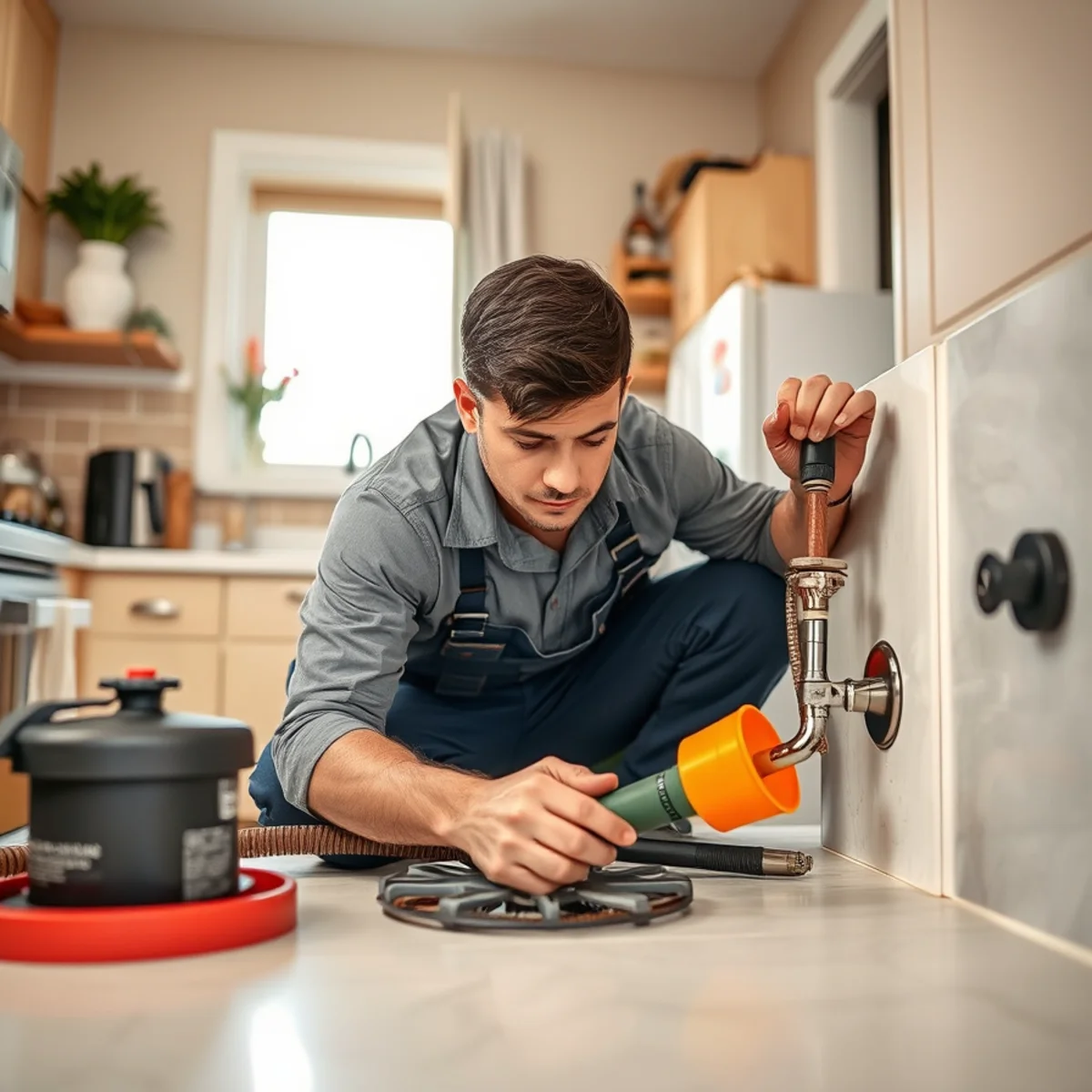 Plumber clearing a clogged kitchen drain in a Bellaire, TX home