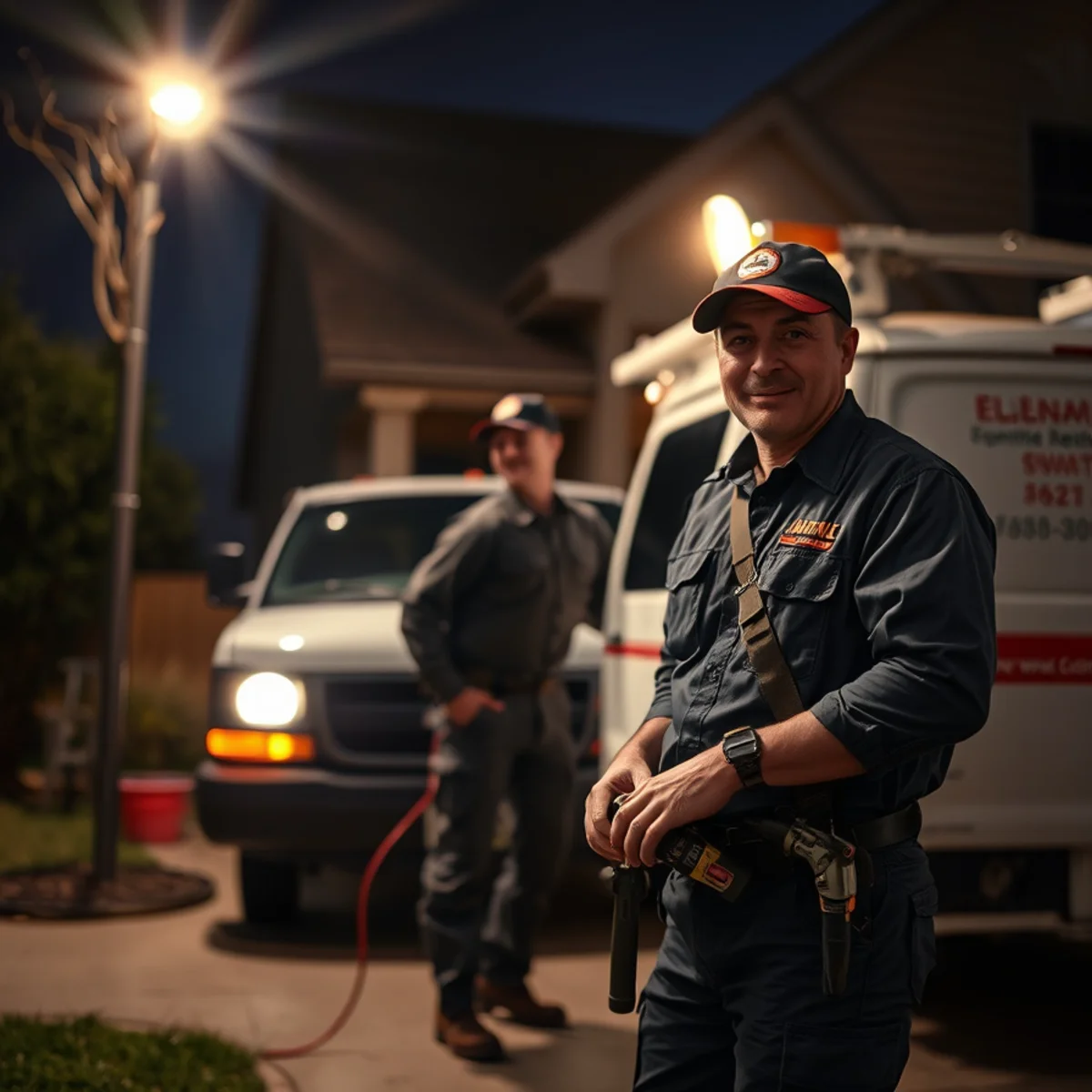 Emergency plumber arriving at a Bellaire, TX home at night