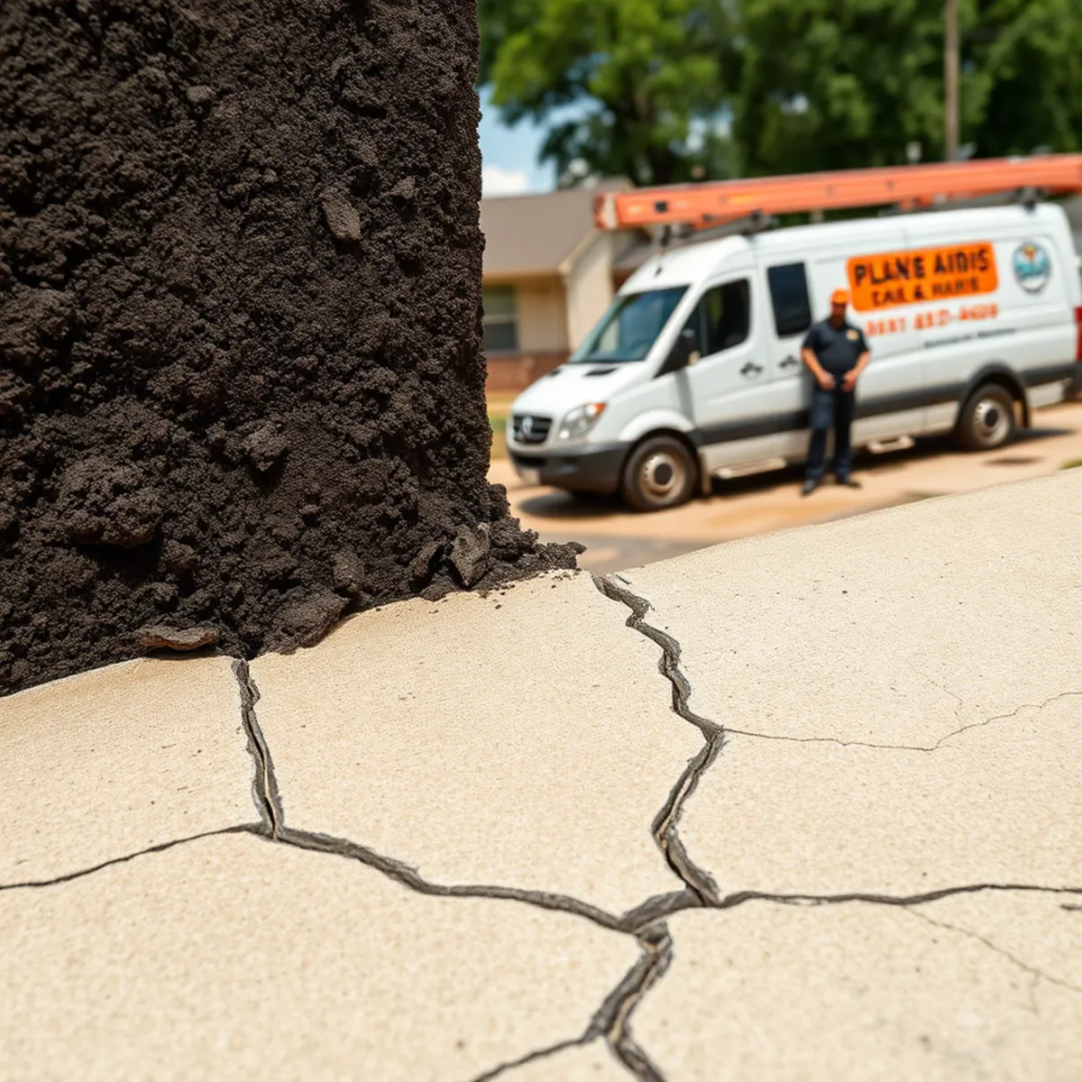 Cracked slab foundation edge showing Bellaire, Texas black gumbo clay soil