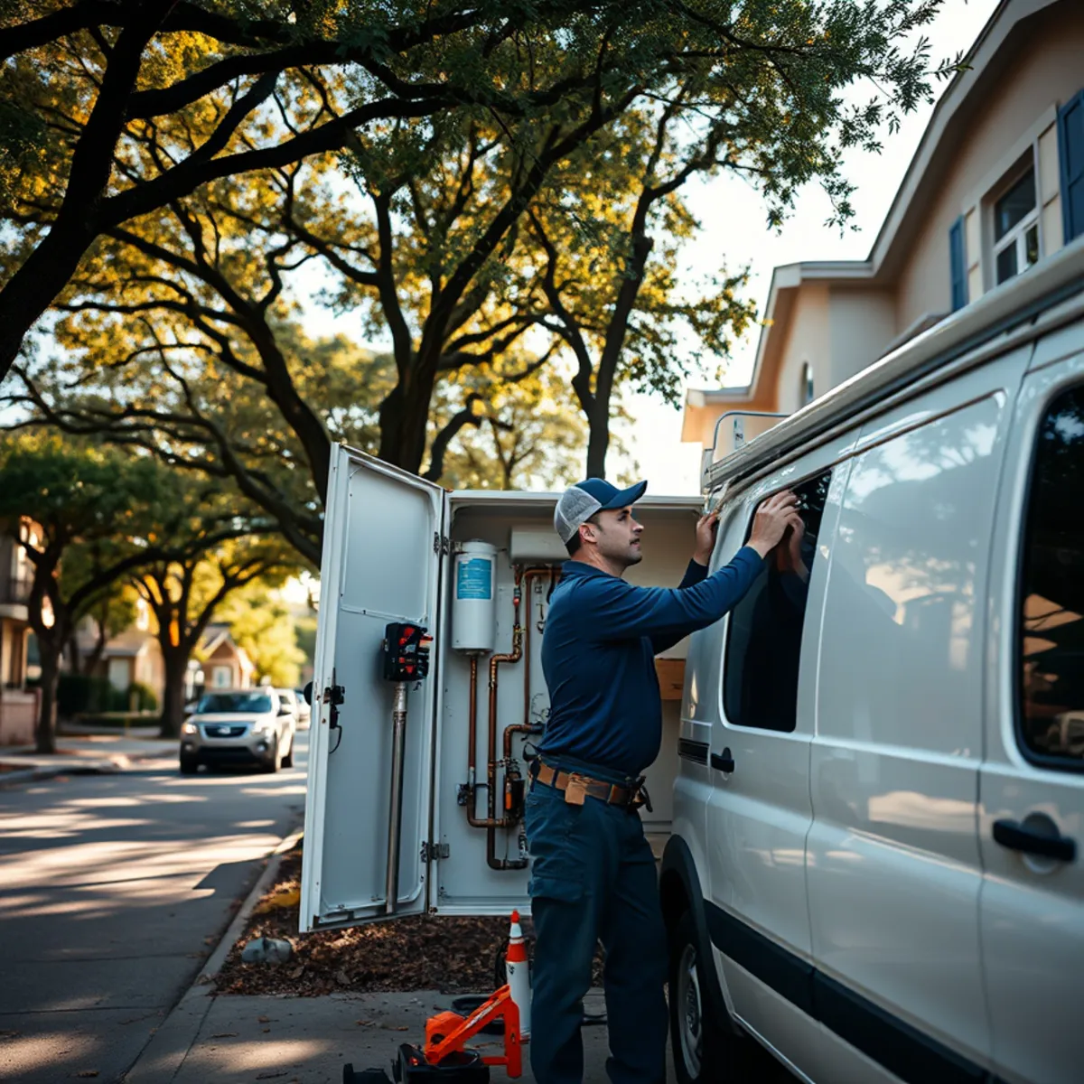 Plumber servicing a condo water heater closet in Fondren Southwest, Houston