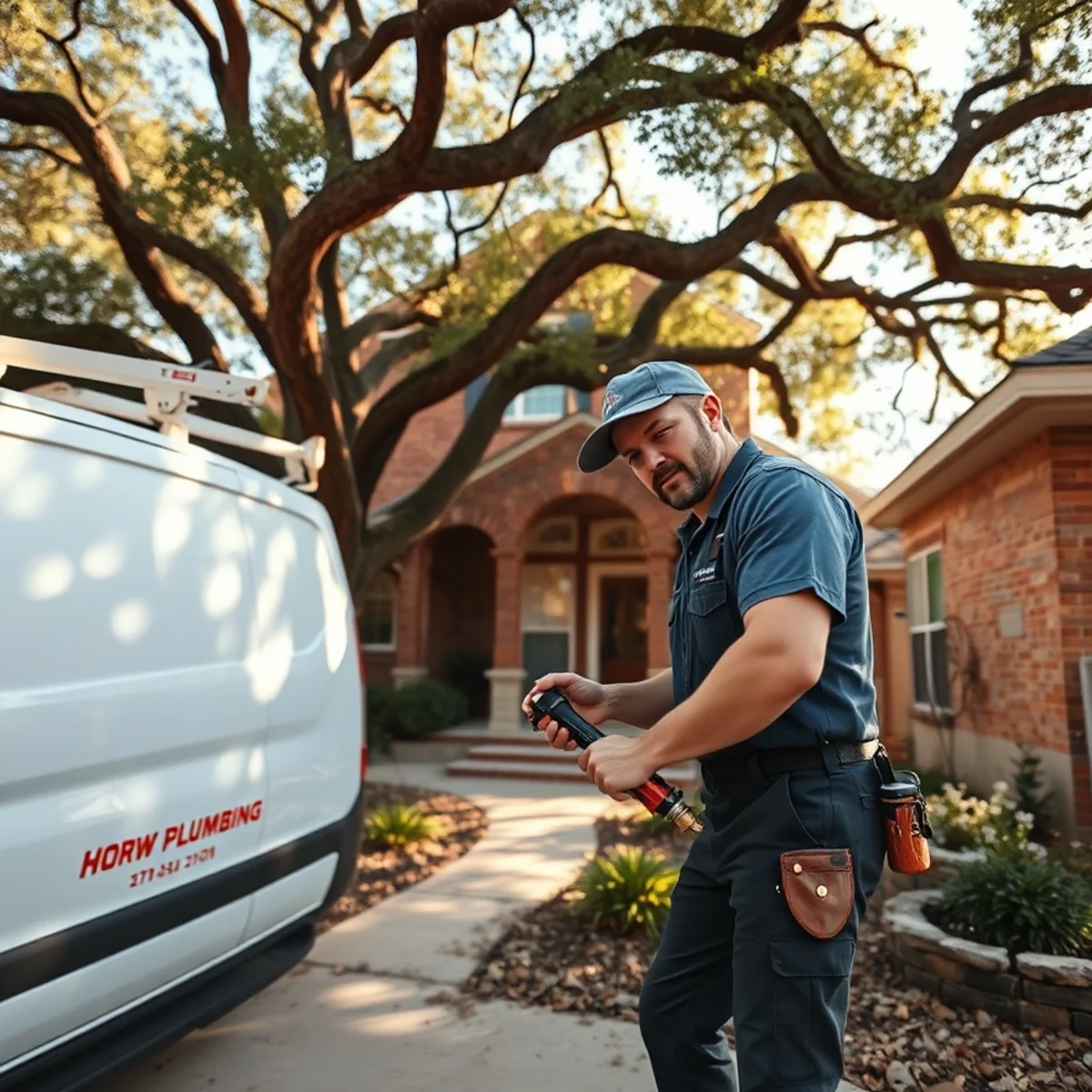 Plumber inspecting a 1980s brick home’s copper supply lines in Friendswood, TX