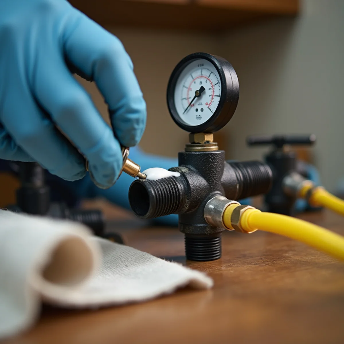 Close-up detail of gas line services work by Plumber Bellaire TX in a Bellaire, TX home