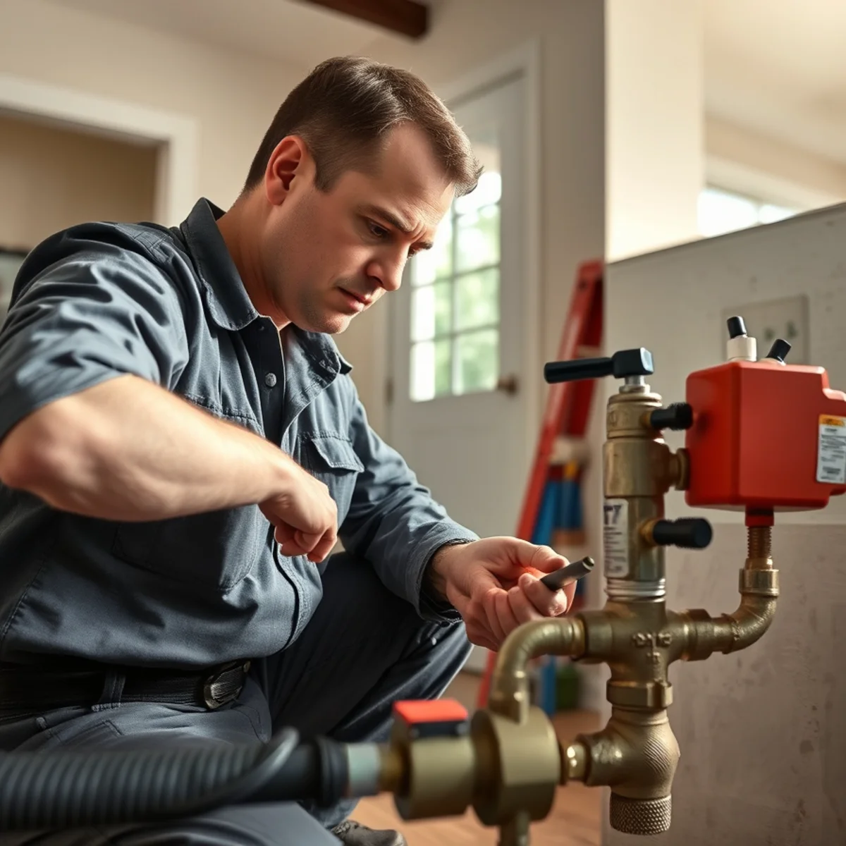 Licensed plumber testing a residential gas line in a Bellaire, TX home