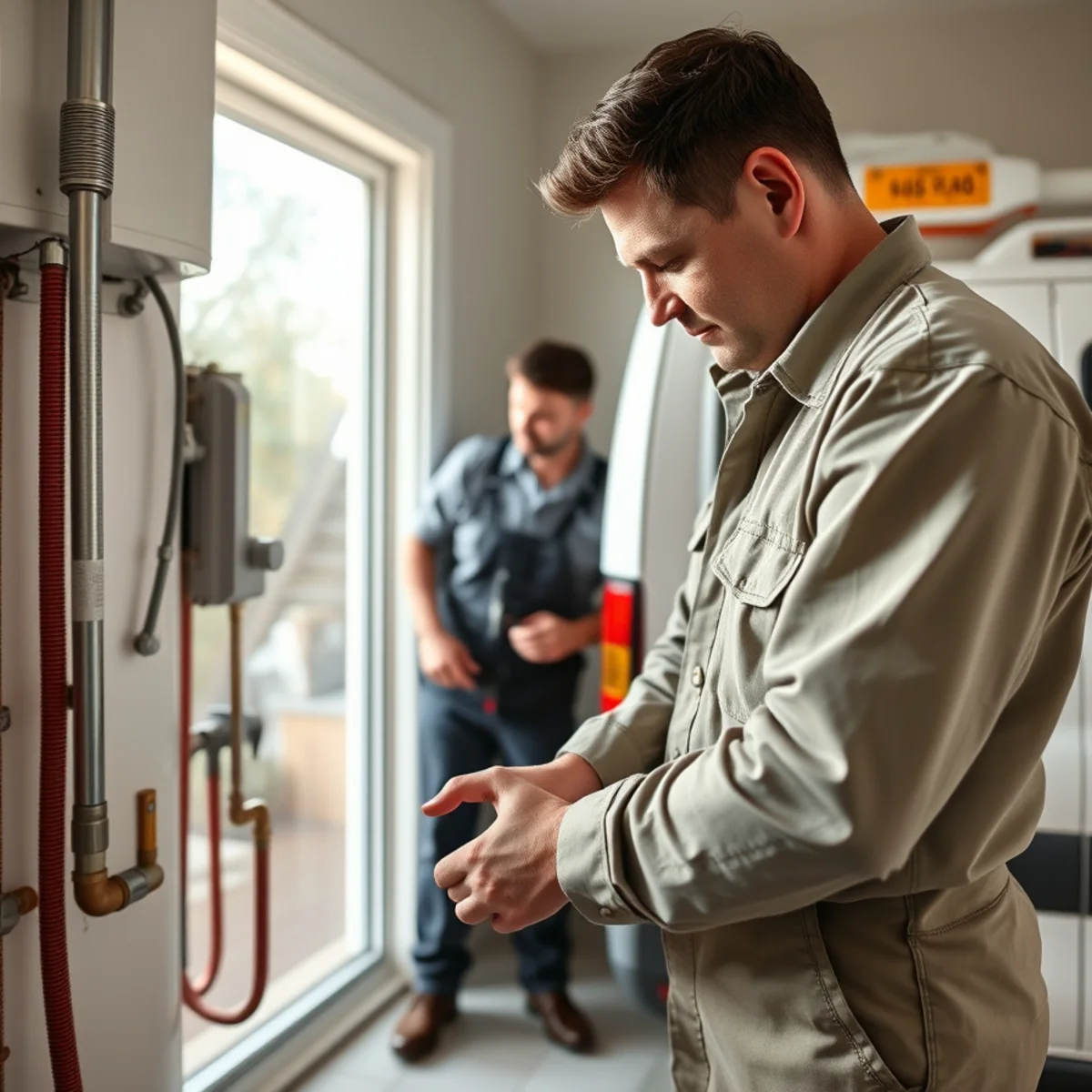Homeowner checking a gas water heater connection after smelling gas in a Piney Point Village area home