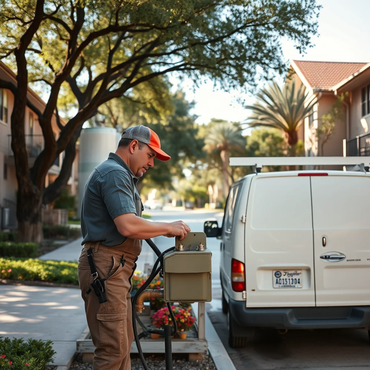 Plumber servicing a shared water heater at a garden-style apartment complex in Gulfton, Houston