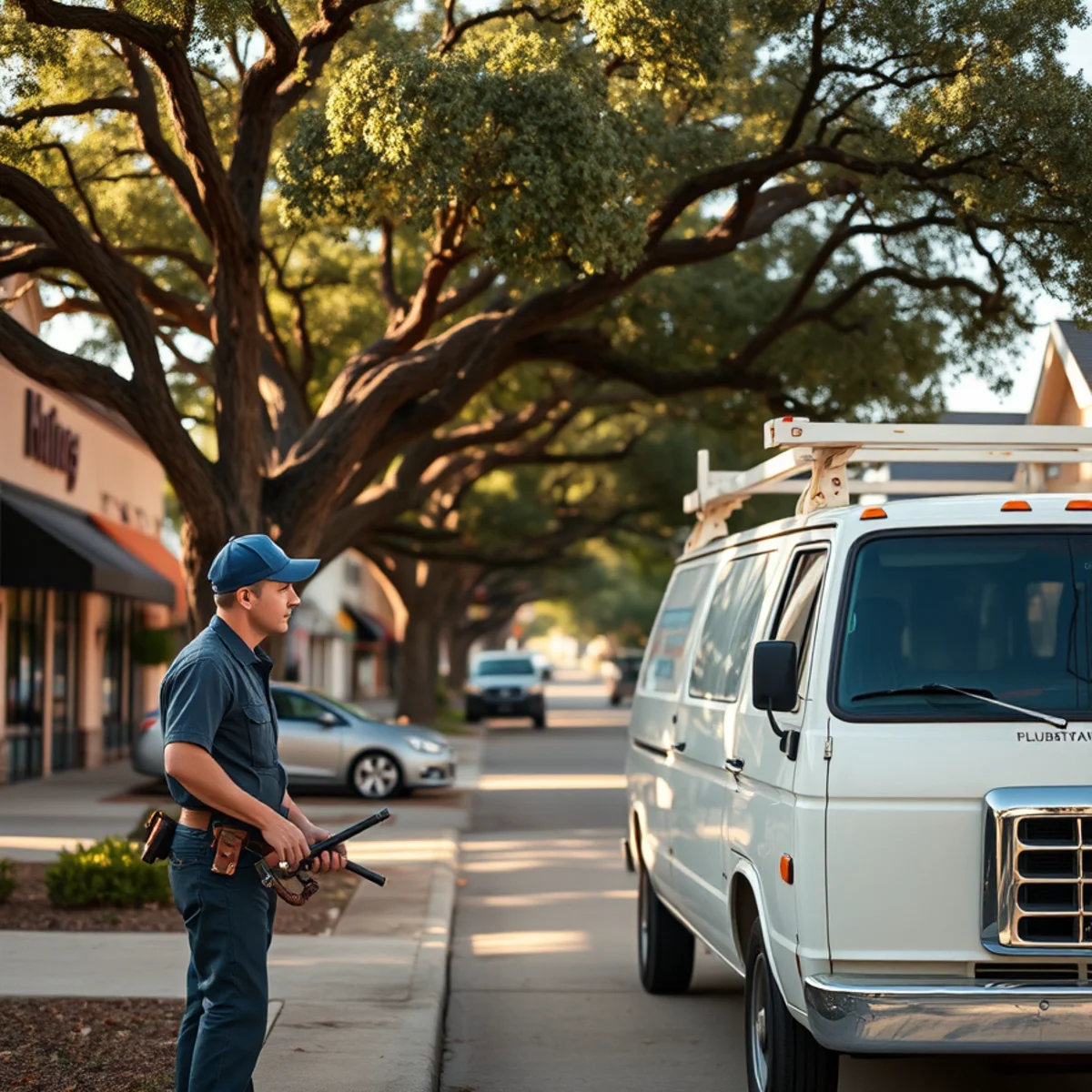 Plumber servicing a retail strip and home near I-10 in Hedwig Village, TX