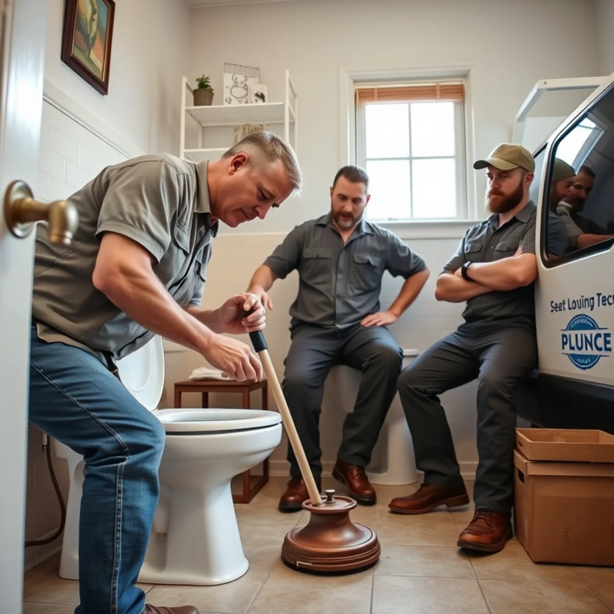Homeowner using a flange plunger on a toilet in a Sharpstown, TX bathroom