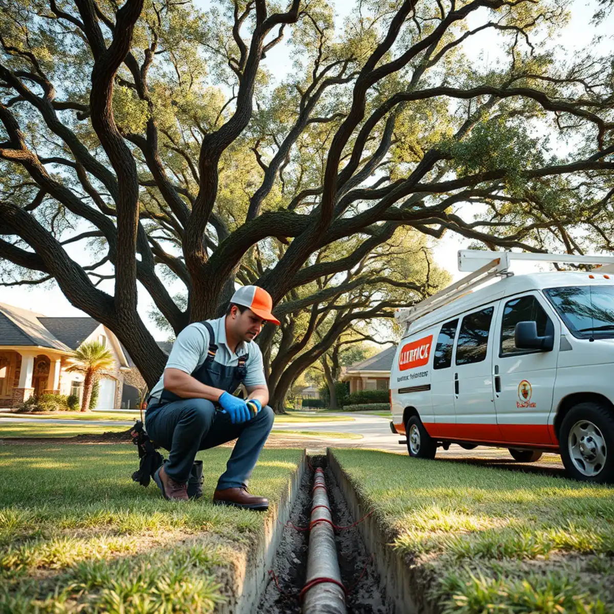 Plumber inspecting a sewer line under mature oaks in Hunters Creek Village, TX