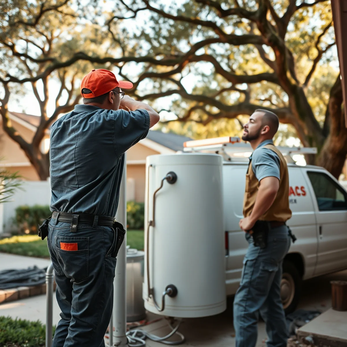 Plumber replacing a water heater in a 1970s Meadows Place, TX home