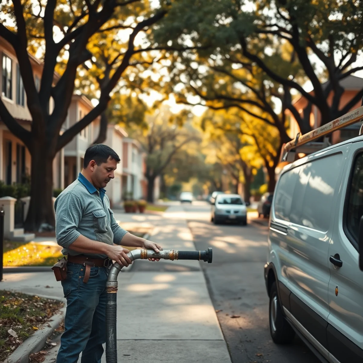 Plumber inspecting a shared sewer line at a fourplex near Hermann Park in the Museum District