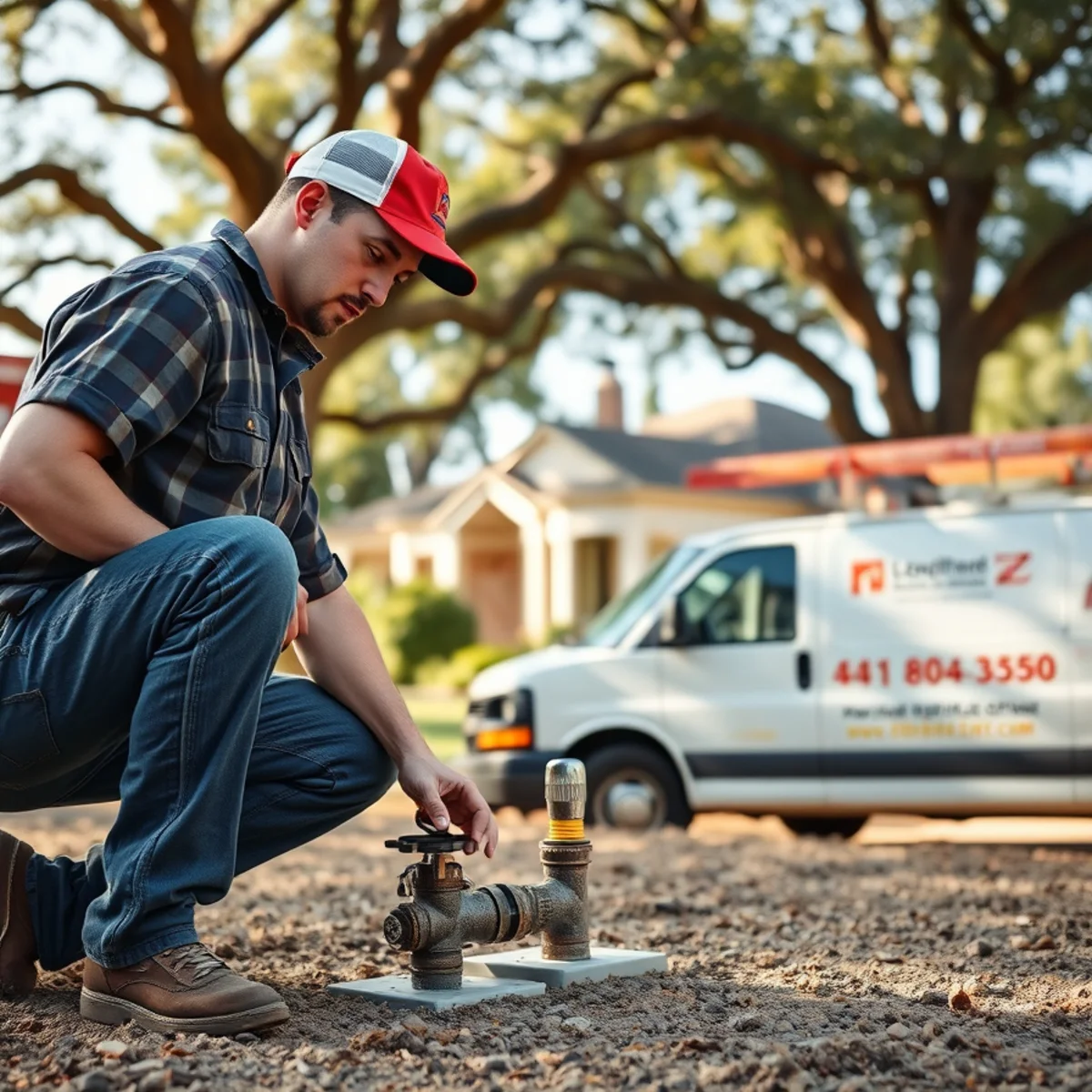 Plumber inspecting slab plumbing at a Shadow Creek Ranch home in Pearland, TX