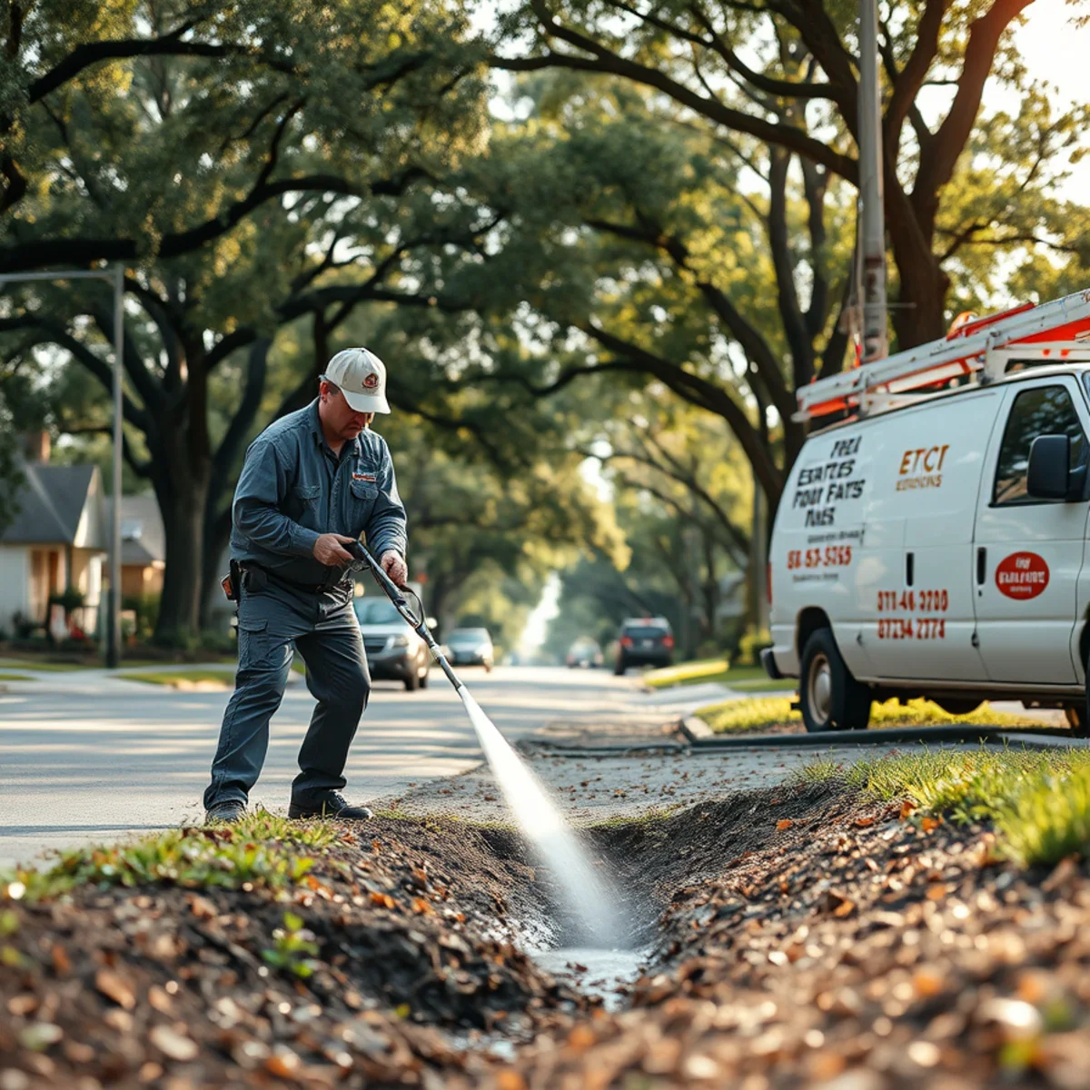 Plumber hydro-jetting a root-clogged sewer line under a Pin Oak Estates street