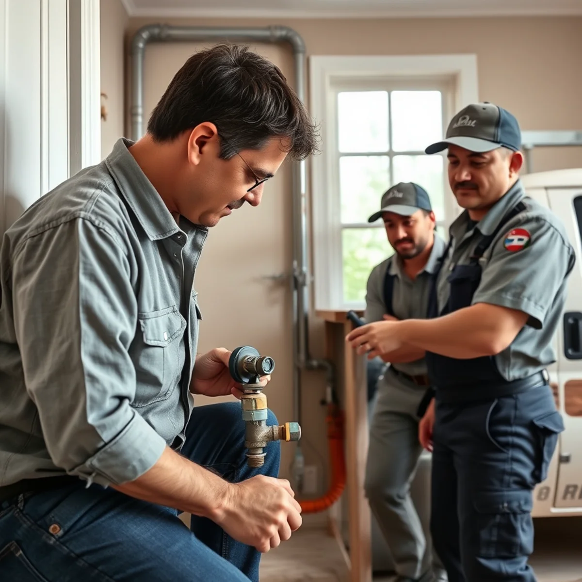 Homeowner shutting off the main water valve after a pipe burst in a Bellaire, TX home