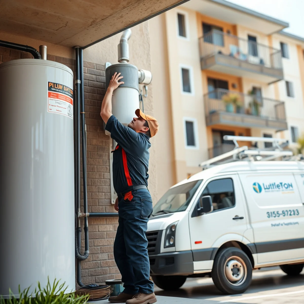 Plumber servicing a shared water heater in a Gulfton apartment complex