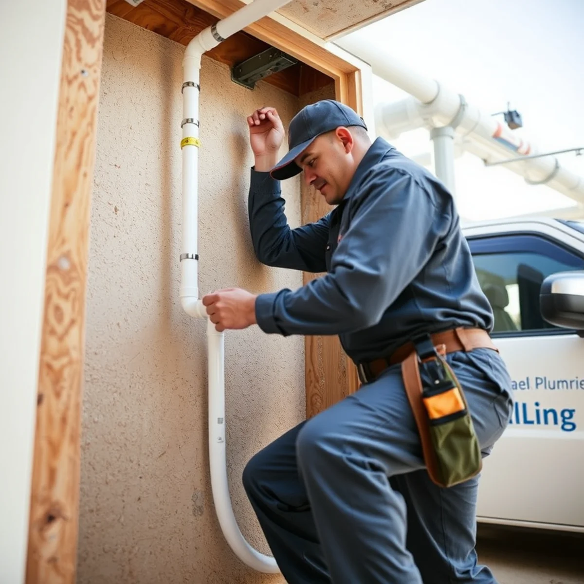 Plumber running new PEX pipe through a wall cavity during a whole-house repipe in Bellaire, TX