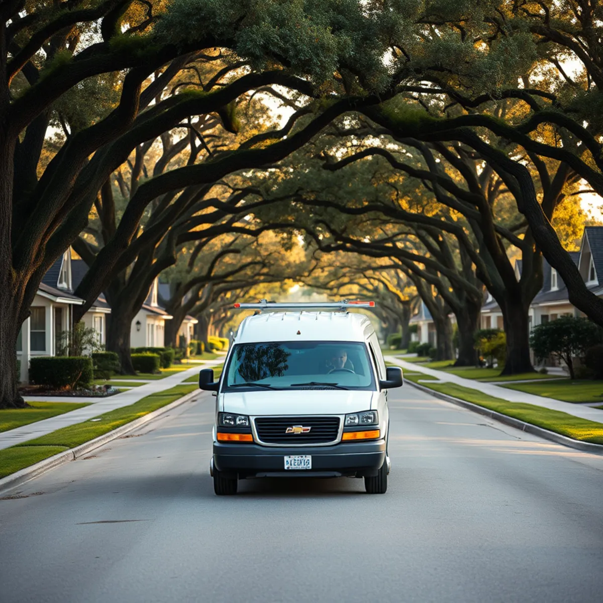 Plumber Bellaire TX service van on a tree-lined Bellaire street serving the greater Houston area