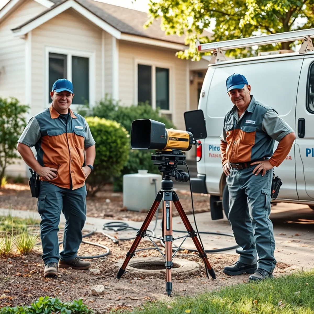Sewer camera inspection equipment set up at a cleanout access point outside a Bellaire, TX home