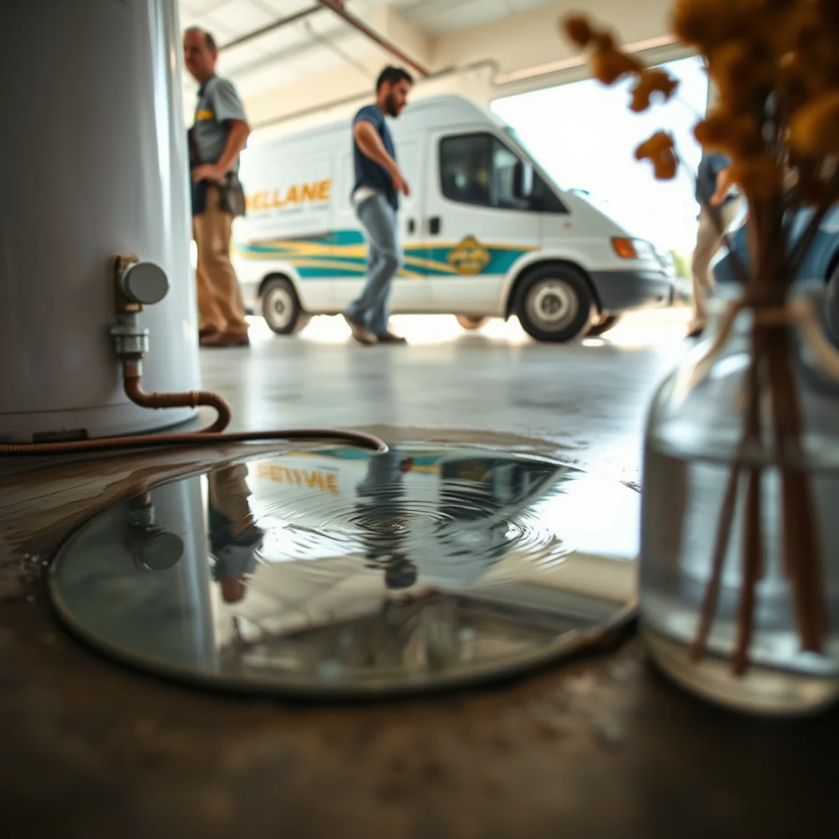 Water pooling around the base of a leaking water heater in a Bellaire garage