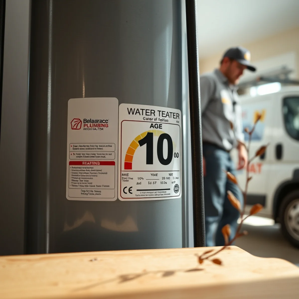 Rating plate showing a water heater over 10 years old in a Bellaire home