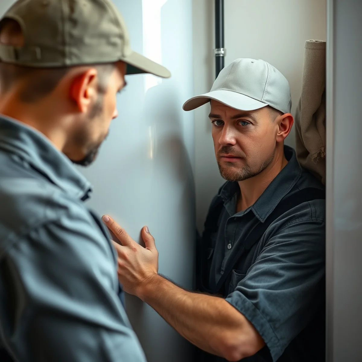 Plumber checking an unlit pilot light on a gas water heater in Bellaire