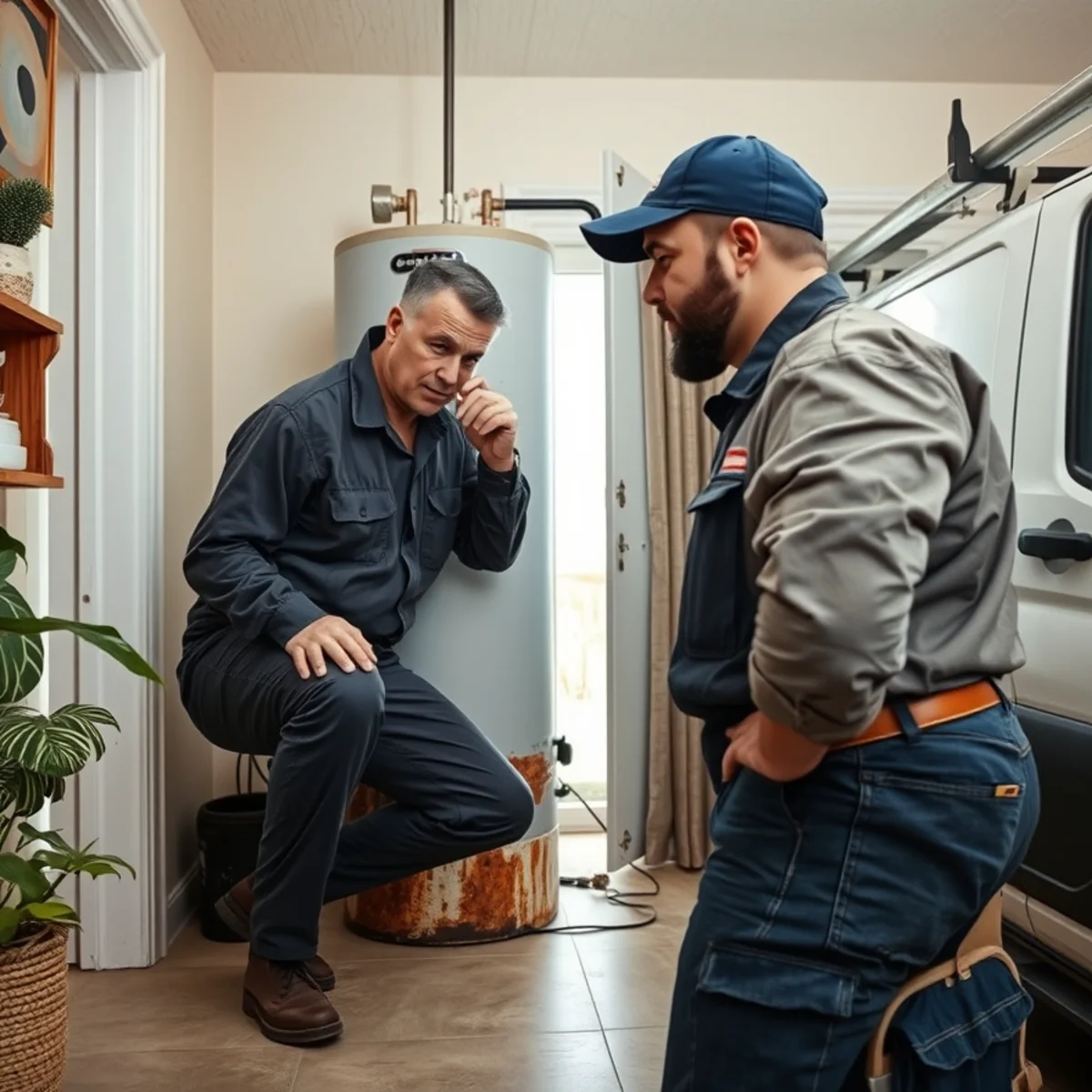Homeowner checking a rusting water heater tank base in a Willowbend, TX home