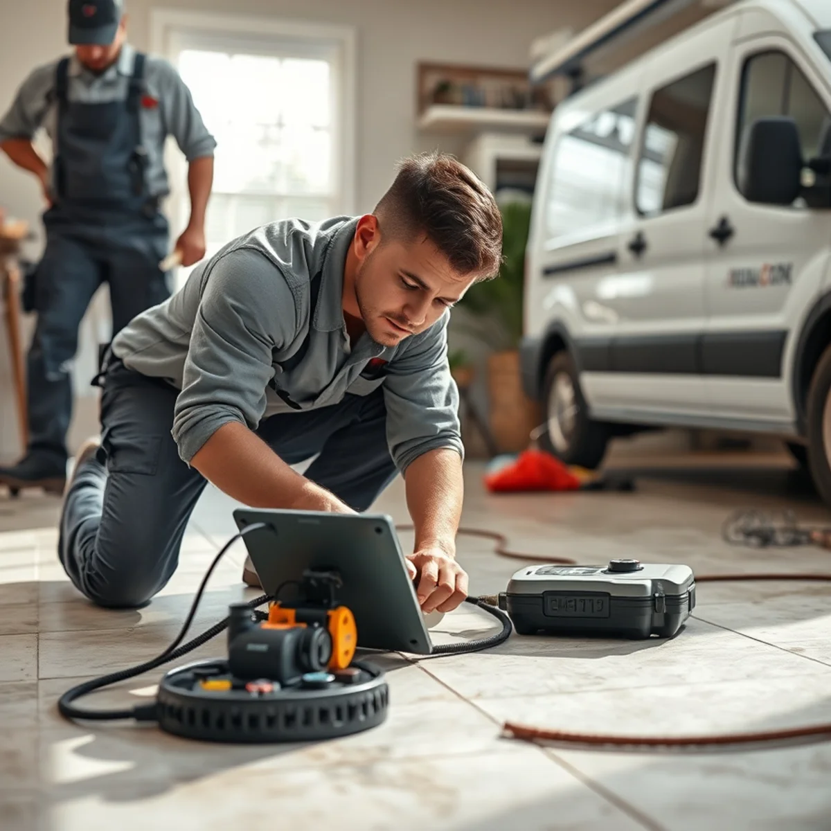 Technician using electronic leak detection on a Bellaire home slab floor