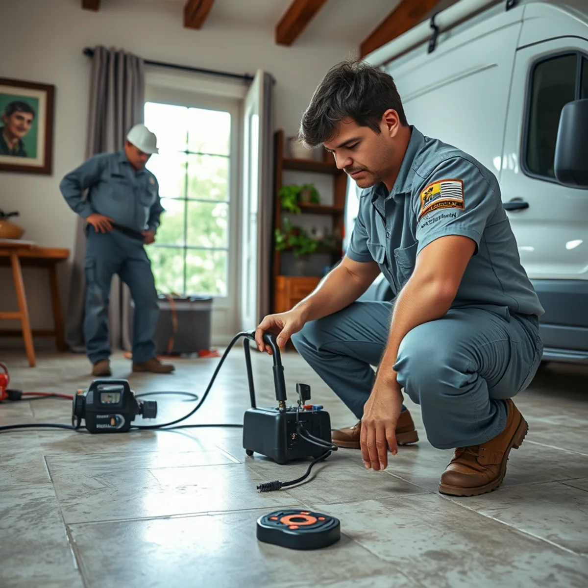 Plumber using electronic leak detection equipment on a slab floor inside a Bellaire, TX home