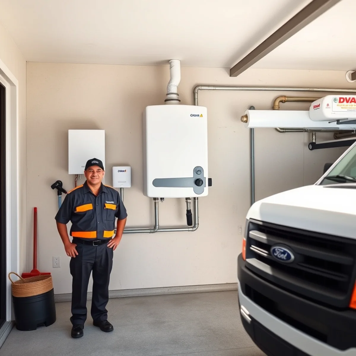 Tankless water heater mounted on a garage wall in a Southdale, Bellaire ranch home