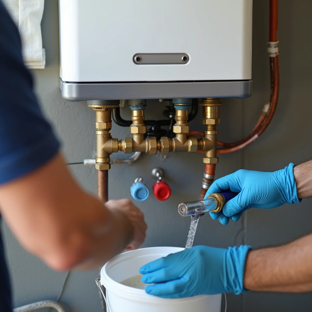 Close-up detail of tankless water heater installation work by Plumber Bellaire TX in a Bellaire, TX home