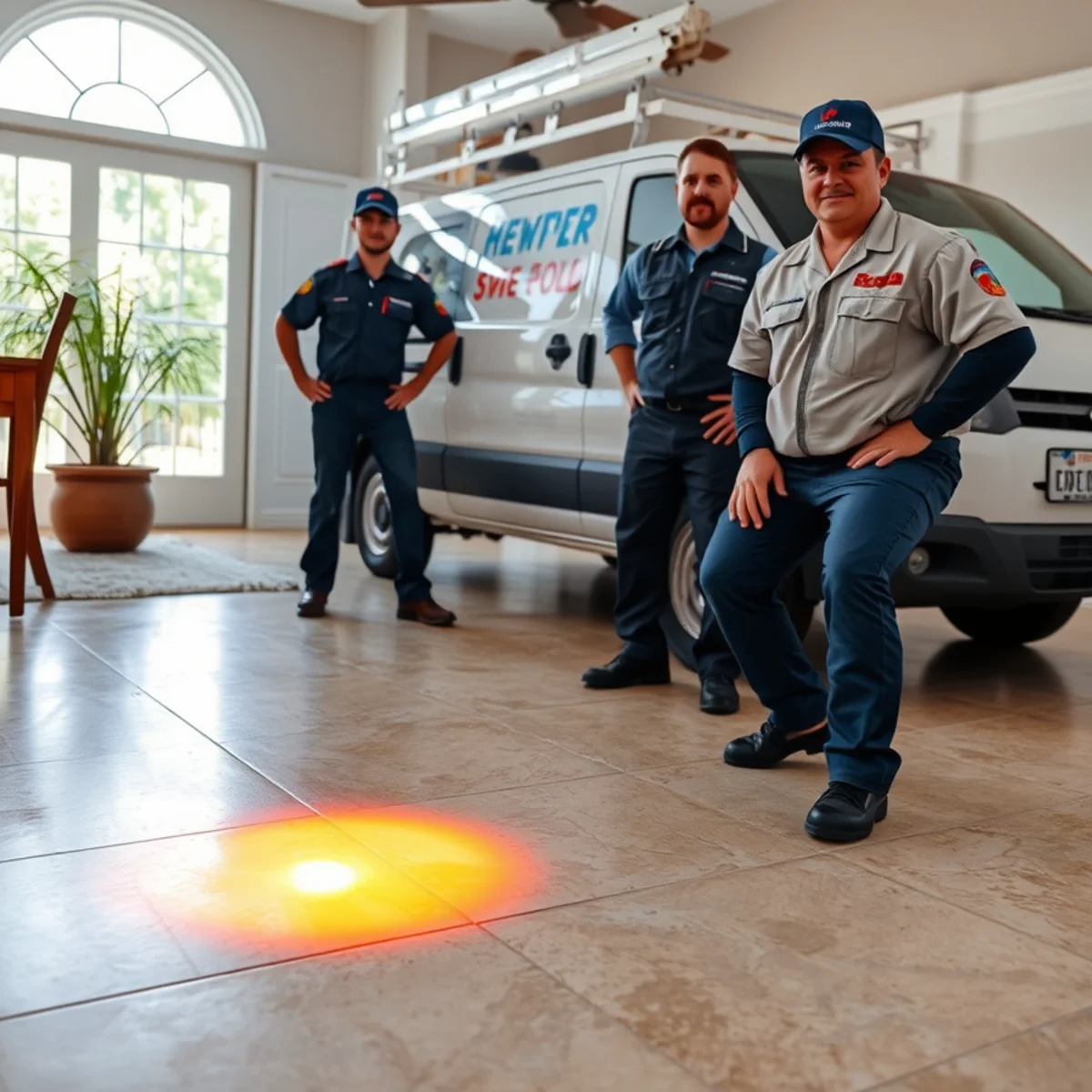 Warm spot on a tile floor indicating a slab leak in a West Post Oak, Bellaire TX home