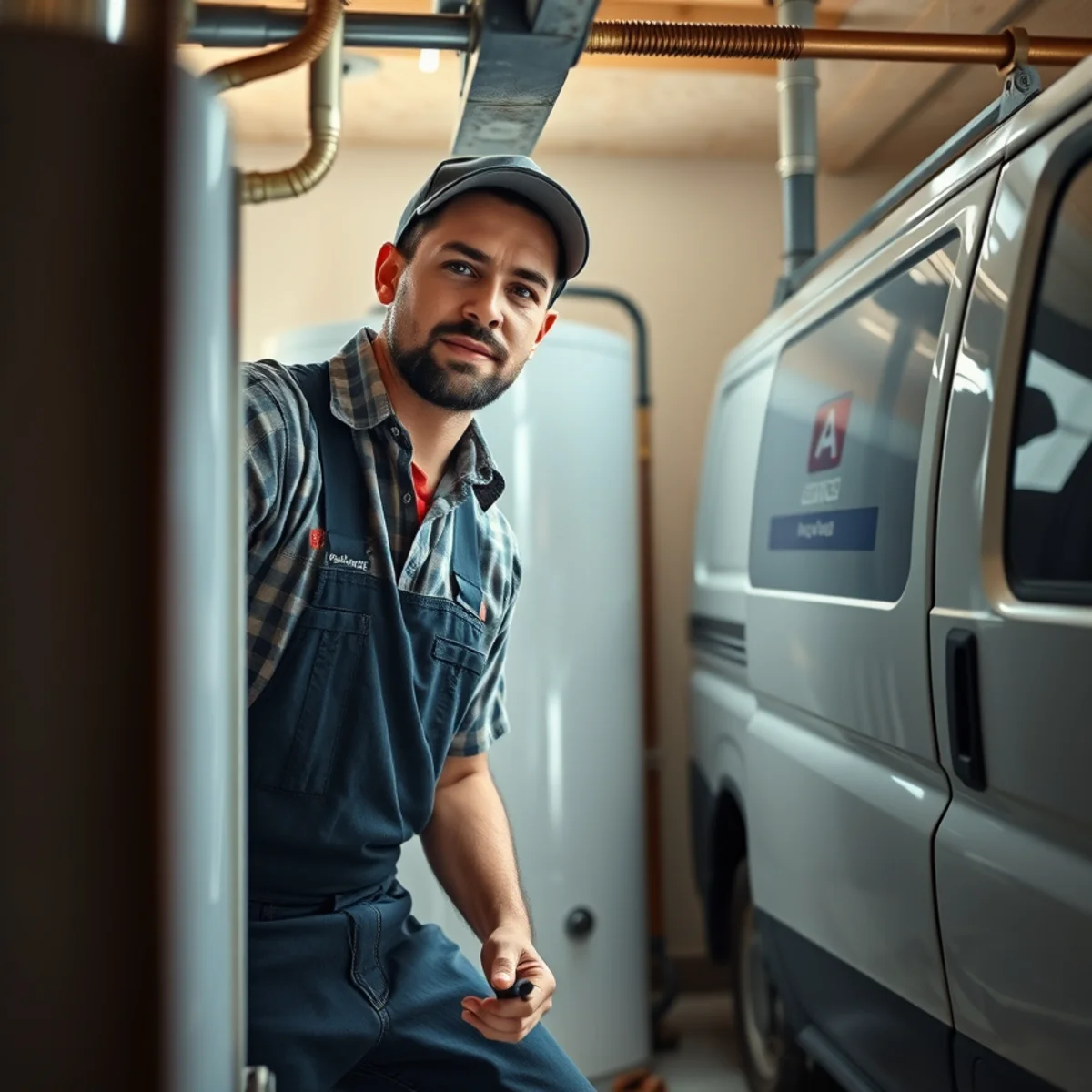 Plumber installing a new water heater in a Bellaire, TX garage