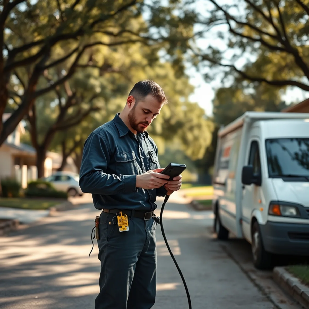 Plumber using electronic leak detection at a West Post Oak ranch home