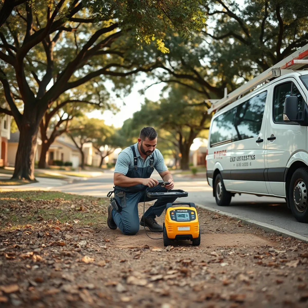 Plumber using electronic leak detection on a slab foundation in Willow Meadows, Houston
