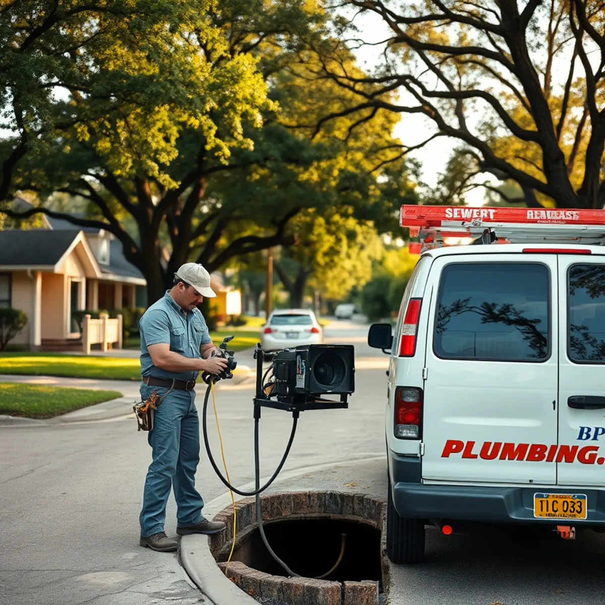 Plumber running a sewer camera at a 1950s ranch home in Willowbend, Houston